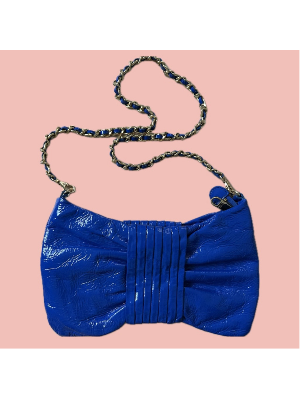 Badgley Mischka Blue Patent Bow Clutch Chain Bag Y2K – Gold Strap